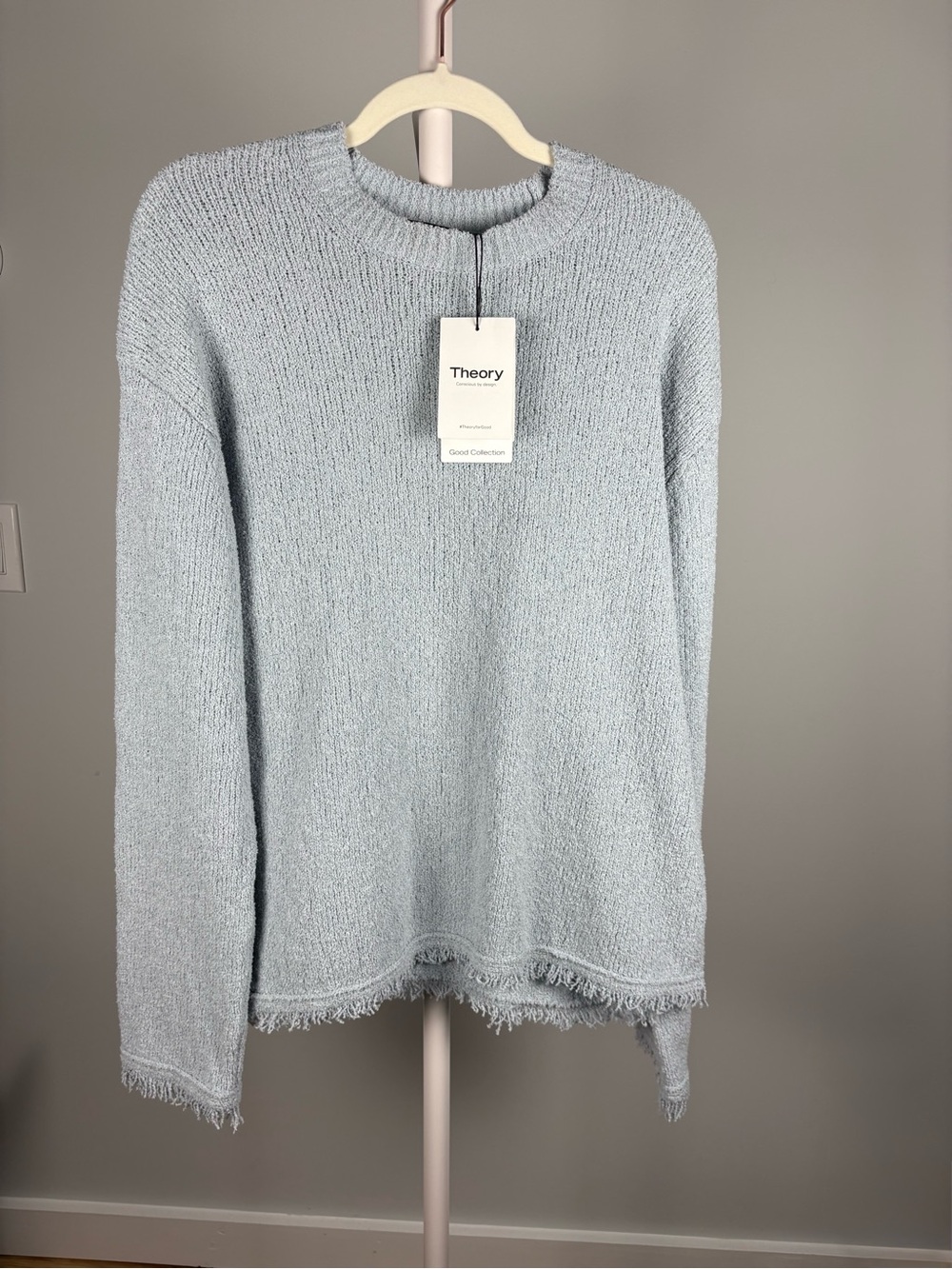 Theory Light Blue‎ Textured Fringe-Trim Sweater - NWT Size M